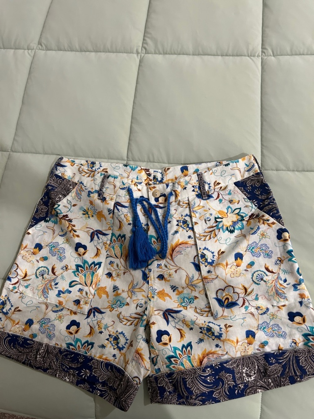 Sundance Floral Drawstring Shorts - Blue, Yellow & White